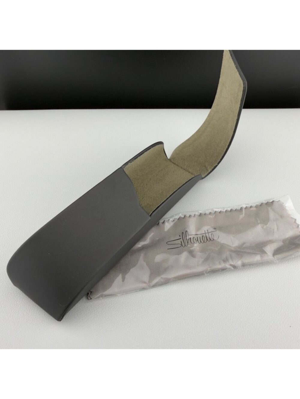 Silhouette Eyeglasses Case Hard Shell Gray Felt Lined Cleaning Cloth